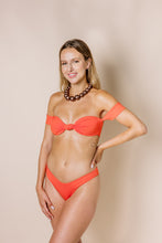 Load image into Gallery viewer, Girl in coral bikini set. Bottoms are high legged cheeky coverage. Font view